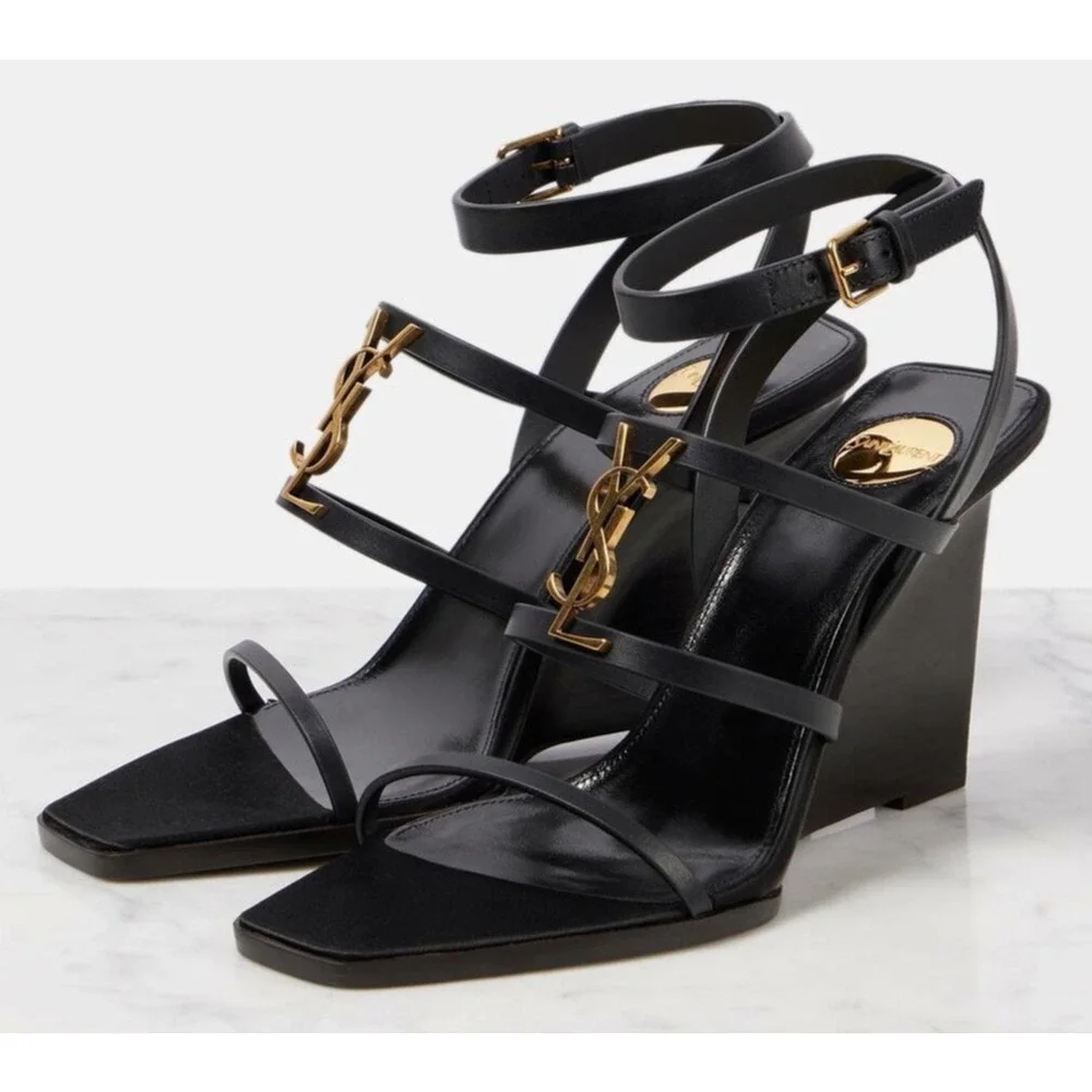 Saint Laurent YSL Logo Cassandra 90 Black Ankle Strap Wedge Sandal Heel 38.5